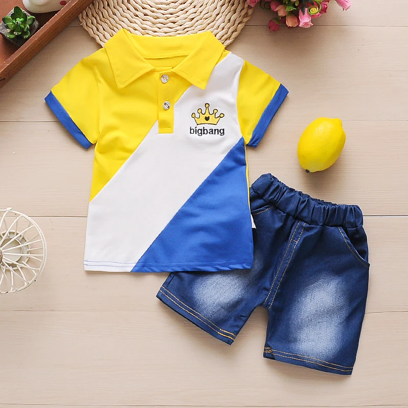 Boys school style clothing set summer children fashion cotton t-shirt+denim shorts 2pcs toddler outfits for kids clothes |