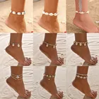 Женские кожаные ножные браслеты ручной работы, плетеные браслеты из натуральной ракушки, летние пляжные украшения для ног