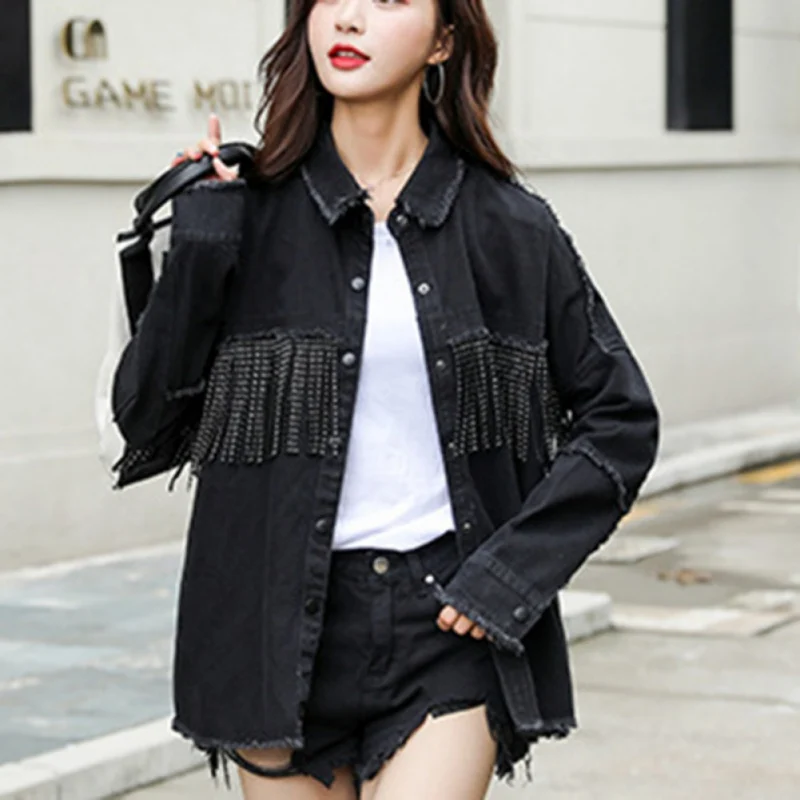 Женское модное джинсовое пальто в стиле сафари с отделкой бисером и кисточками черный свободный