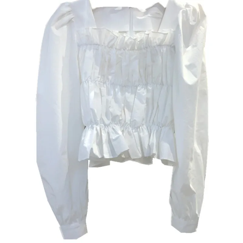 

Blusas Mujer De Moda 2020 Puff Long Sleeve Women Tops Korean Pleated Slim Square Collar Shirts Ruffle Blouses 6A035