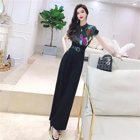 

Women 2021 Summer New Fashion Printed Short Sleeve Shirt 2 Piece Set Female Temperament Chiffon Wide Leg Pants Casual Suit A835