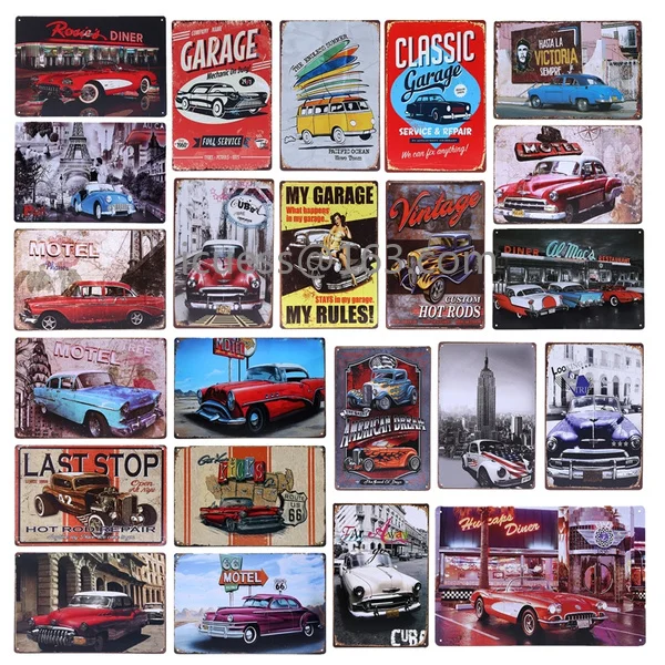 

Retro Cuba Brand Car Signs Motel 66 Paris Dinner Metal Poster Vintage Wall Plaque Bar Pub Garage Gas Station Home Decor Cuadros