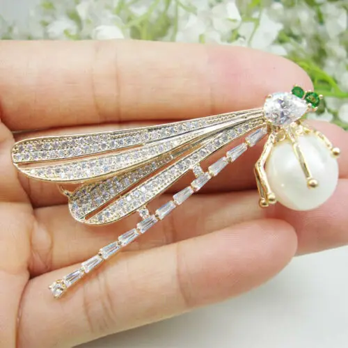 

Женская брошь в форме стрекозы, брошь золотистого цвета с кристаллом из циркония и жемчугом, праздничный подарок