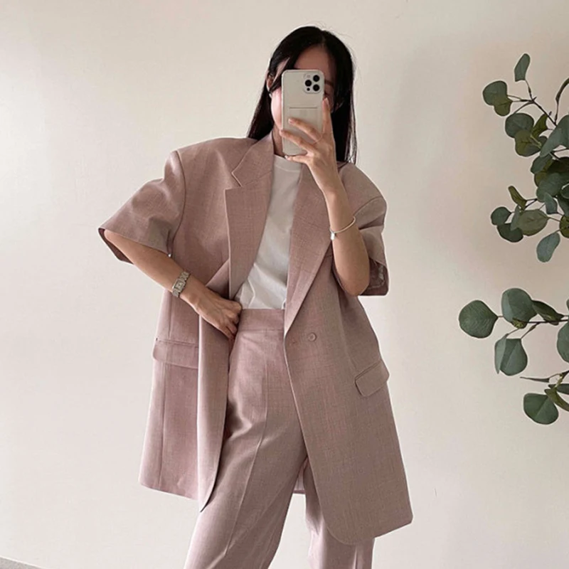 

GALCAUR Vintage Solid Blazer For Women Lapel Collar Short Sleeve Double Breasted Loose Coats Female Fashion Summer Clothing 2021