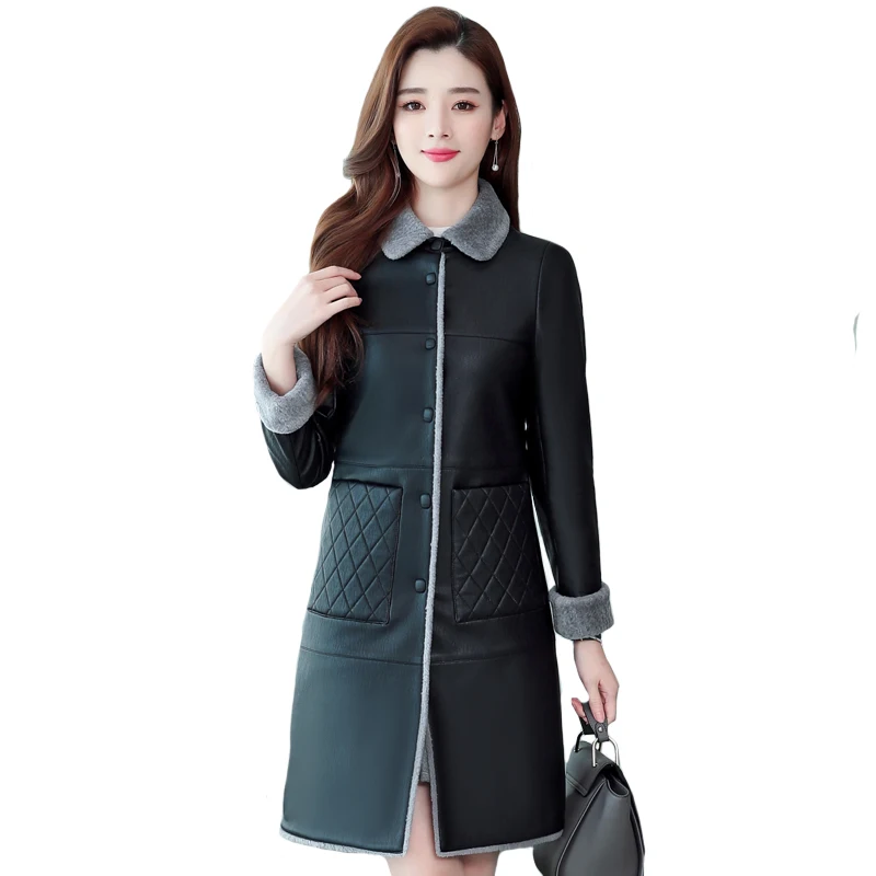 

Женская кожаная куртка большого размера 6XL на зиму и осень, длинное пальто, теплая мягкая красная верхняя одежда из меха ягненка