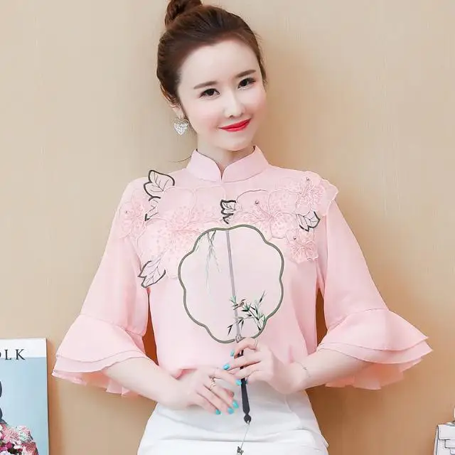 

2021 summer new style Korean flower decoration blouse women retro fashion chiffon shirt short-sleeved shirt temperament casual