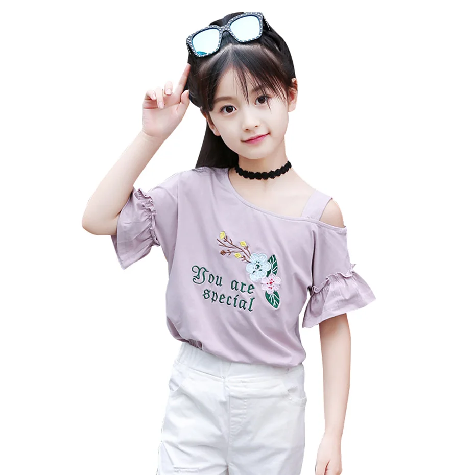 Летние футболки для девочек с открытыми плечами Цветочная футболка Детские