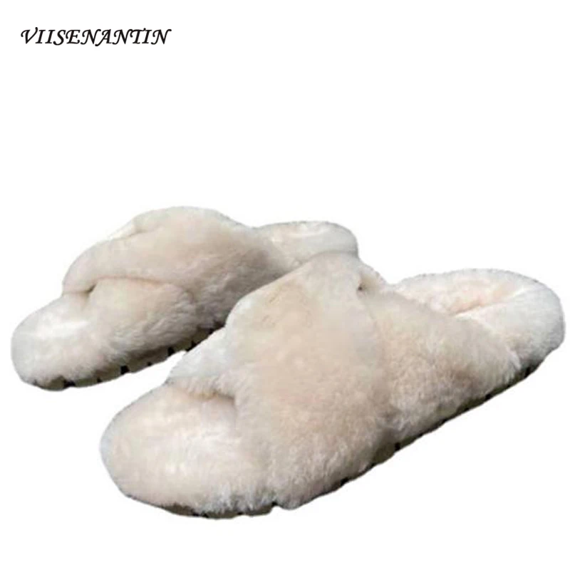 

High-quality Wool Cross Platform Plush Fleece Slippers Outer Wear Trendy Casual Flat Non-slip Furry Slippers Muller Shoes