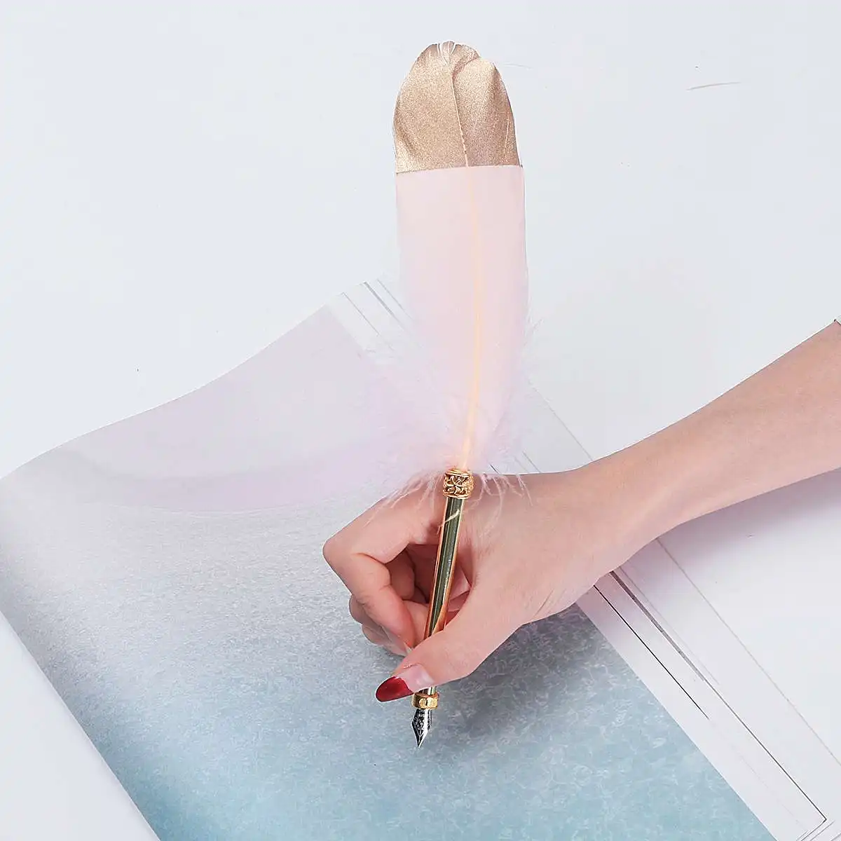

Wedding Decor Party Vintage Quill White Feather Dip Pen Fountain Pens Calligraphy Writing Supplies With Gift Box