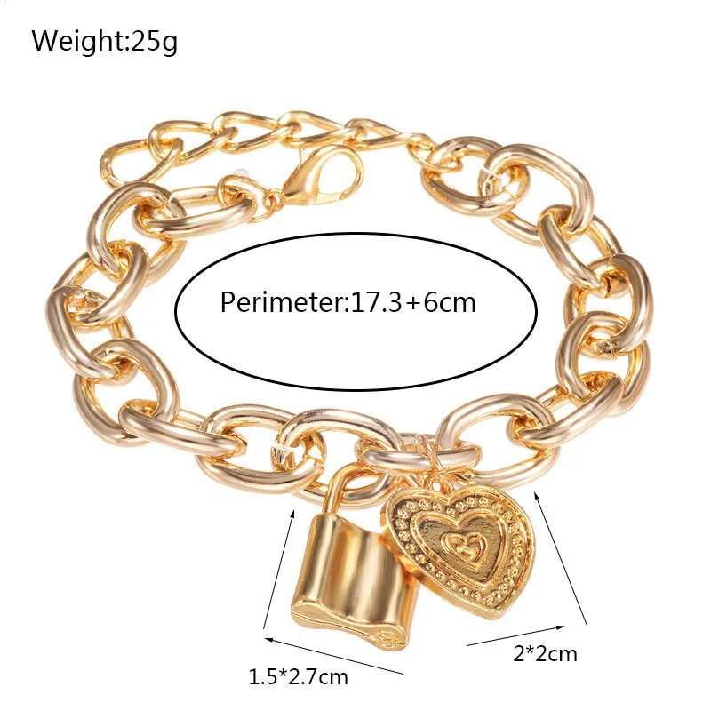 

Punk Charm Heart Bracelet Bangle for Women Armband Steampunk Lock Chunky Chain Bracelets Friend Pendant Bracelet Female Jewelry