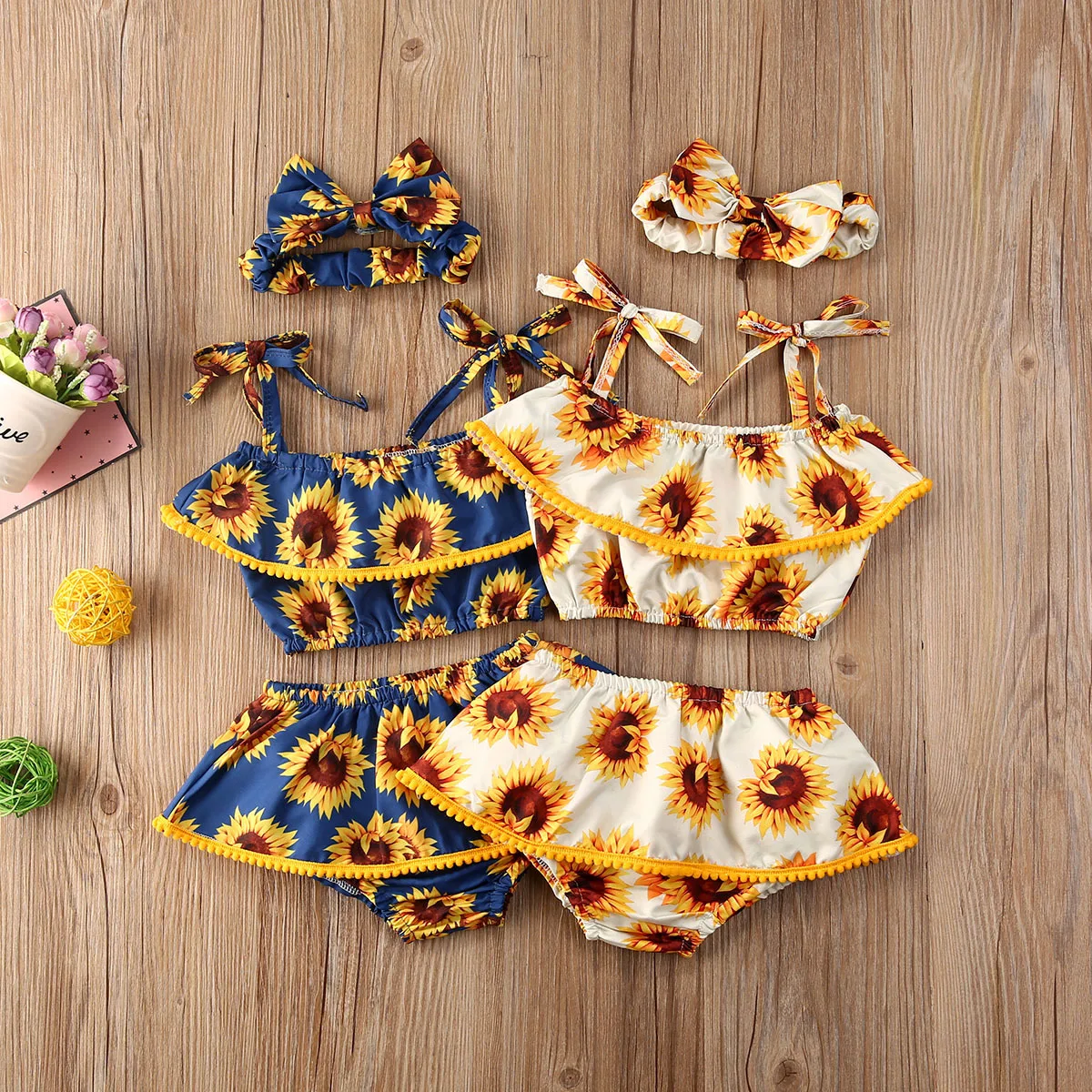 Ropa de verano para ni&ntilde;os y ni&ntilde;as, traje para reci&eacute;n nacidos con correa, Tops con estampado de girasol, pantalones cortos, ropa informal con diadema-0