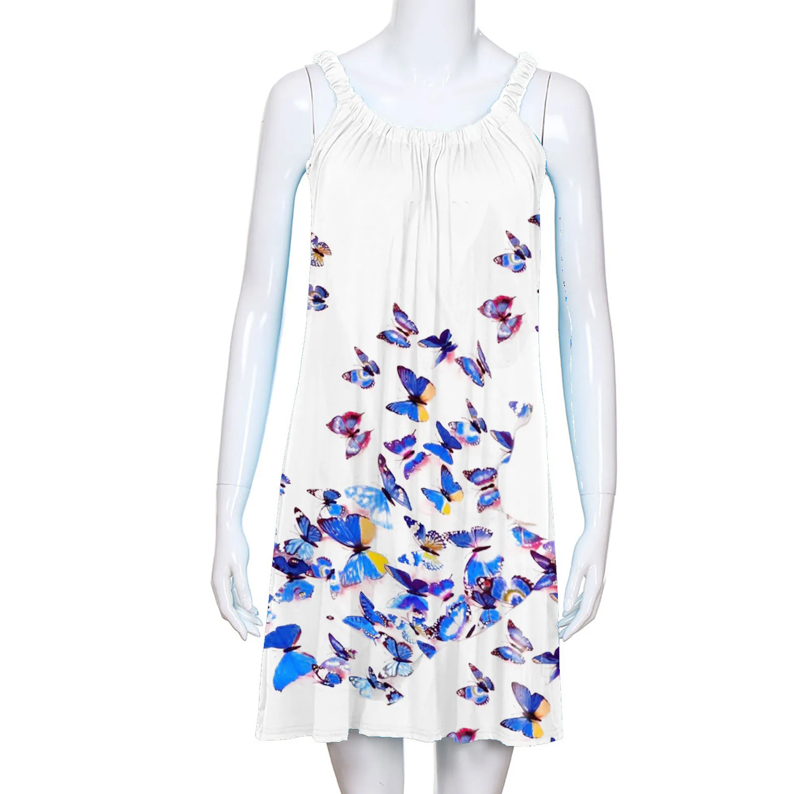

Butterfly Print Casual Dress Women Sexy Sleeveless Summer Holiday Mini Dresses O-Neck Hem Print Loose Beach Dress