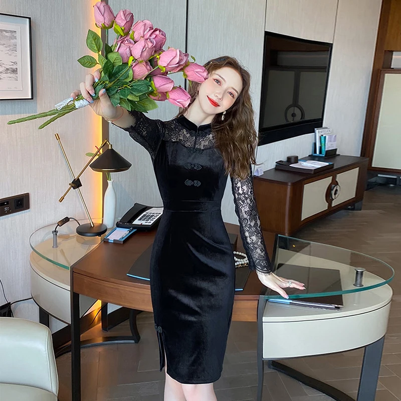 Женское кружевное платье-карандаш средней длины элегантное бархатное черное