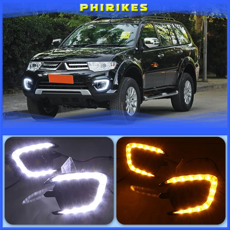 1 Set Gloss Style 12V Car DRL Daytime Running Lights With Turn Signal Yellow For Mitsubishi Pajero Sport 2013 2014 2015