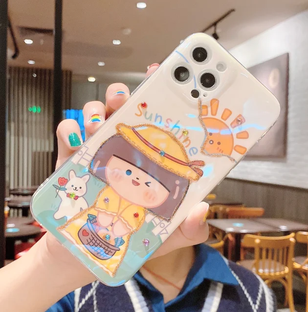 

Cartoon Glitter Diamond Cover Soft Case for iPhone 12 Mini 11 Pro Max XR X XS Max 8 7Plus Flower and Sunshine for Girls