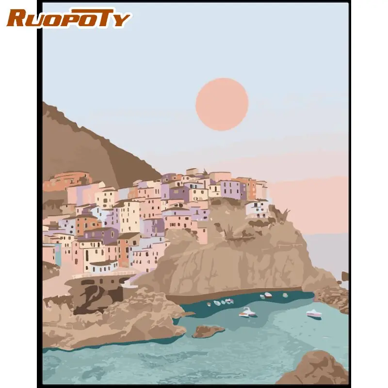 

RUOPOTY DIY Painting By Numbers Seaside House Sunset pictures by numbers Landscape Frameless Home Decor Gift For Adult