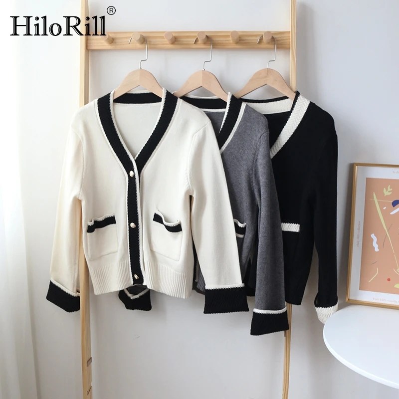 

HiloRill Chic Women Patchwork Cardigan Top Casual V Neck Single Breasted Knitwear Sweater Autumn Winter Long Sleeve Pockets Coat