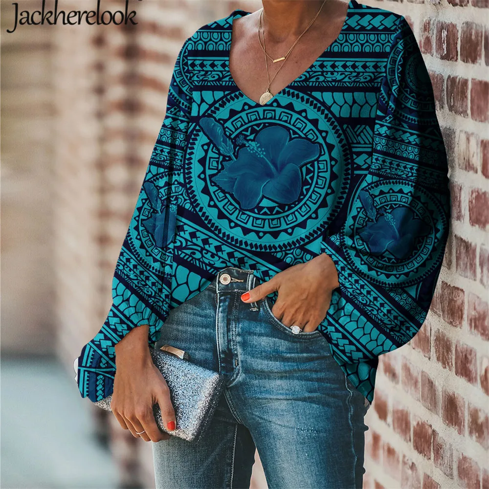 

Jackherelook Polynesian Tattoo Samoa Hibiscus Floral Brand Design Spring Autumn Women Blouse Long Sleeve Tops Beach Shirts Mujer