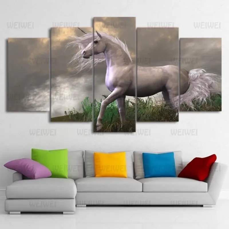 

Animal Style Murals Canvas Painting Bed Home Decoration Prints 5 Pieces Wind Grassland White Unicorn Living Room Wall Mural