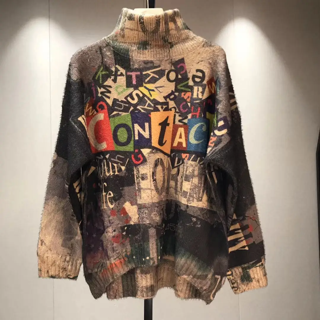 

Свитер EBAIHUI Женский, Повседневный, теплый, с высоким воротником, с надписью, Осень-зима печатные перемычки, винтажный, мягкий, вязаный, свобод...