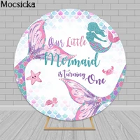 little mermaid 1st birthday round backdrop glitter green pink fish tail decor photography background circle cake table poster