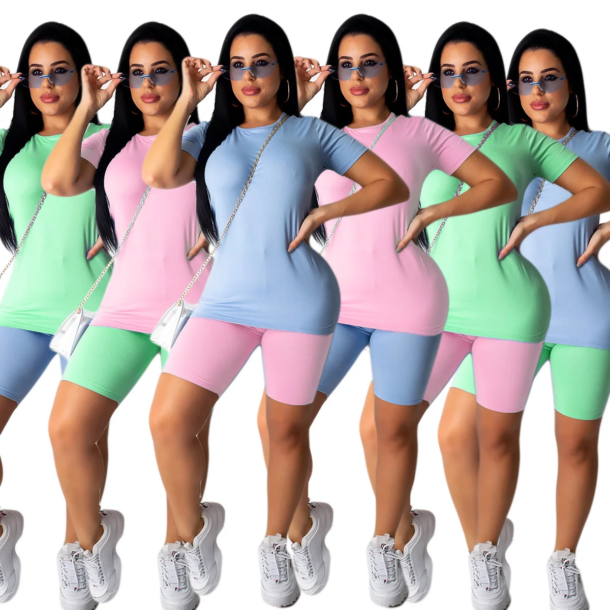 

Женский спортивный костюм для фитнеса, однотонный комплект из 2 предметов, футболка с коротким рукавом для отдыха и короткие штаны, женский ...