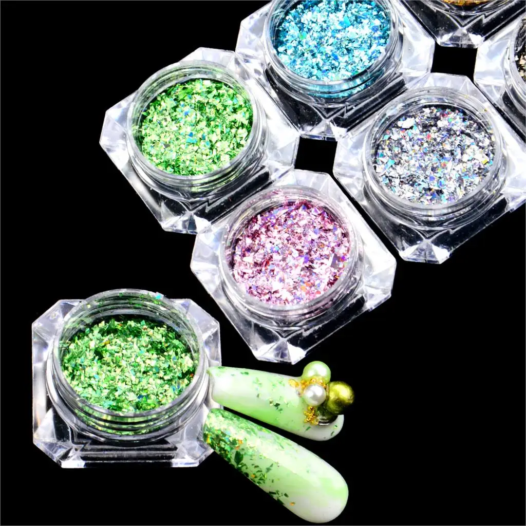 Смешанные Лазерные голографические хлопья блеск для ногтей 3D сломанные радужные