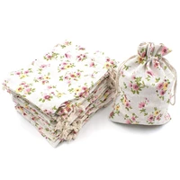 promotion 50pcs floral burlap drawstring bags linen gift bag packing storage linen jewelry pouches sacks for christmas wedding