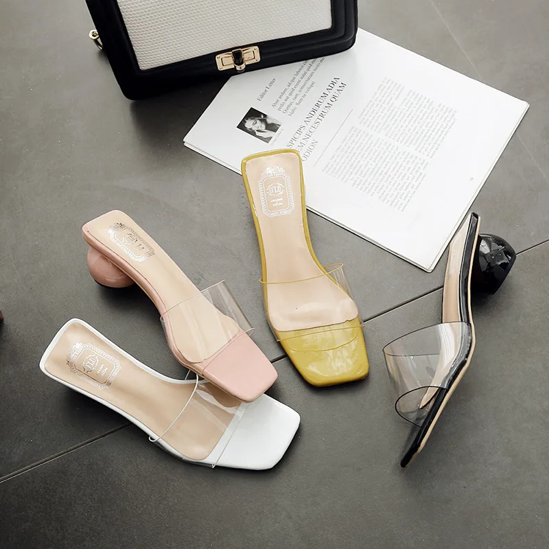 2019 New Summer Transparent Chunky-Heel Outer Wear Sandals And Slippers Shoes