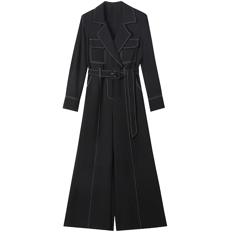 Женский полосатый комбинезон Длинный свободный с отложным воротником и длинными