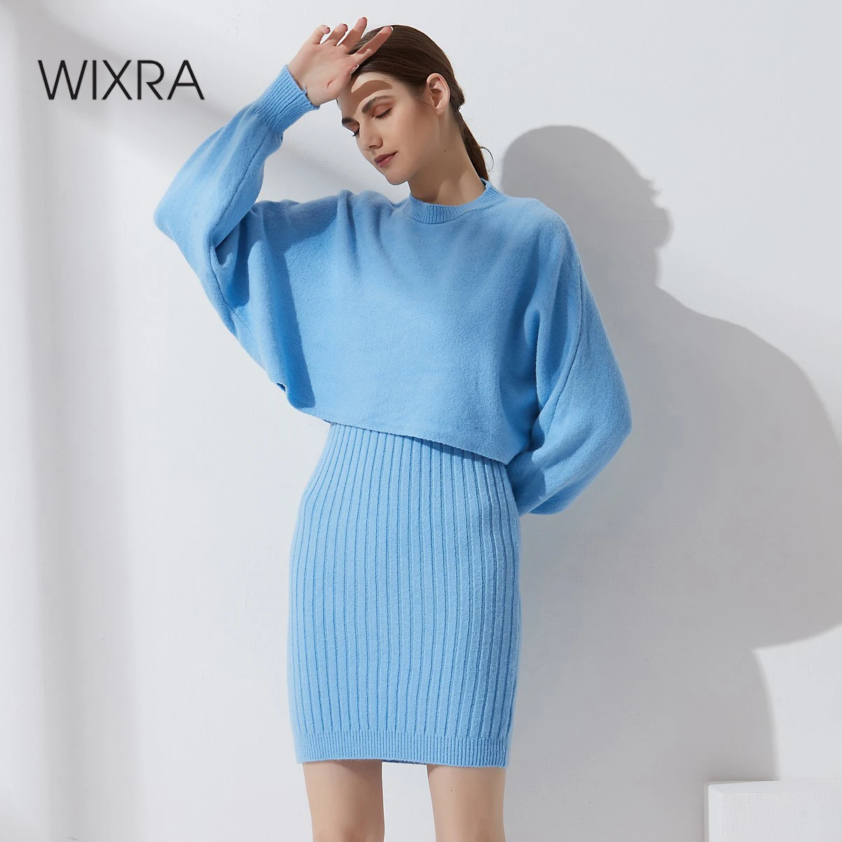 

Wixra Women 2 Piece Set Knitted Batwing Sleeve Sweater+Stretchy Slim Dress Streetwear Jumper Suits 2021 Spring Autumn