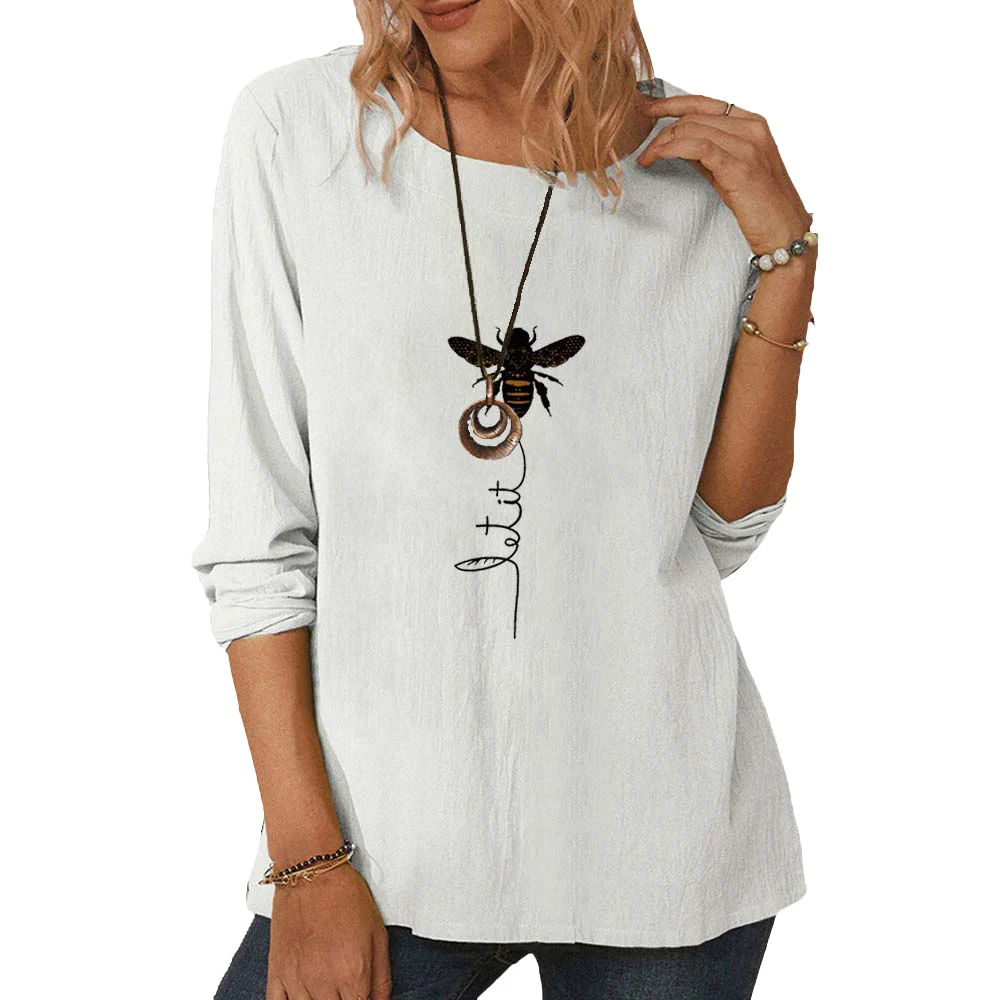 

#w Cute Bee Print Women T-Shirts Long Sleeve Round Collar Vintage Tshirts Clothes Casual Loose Female Fall Tops