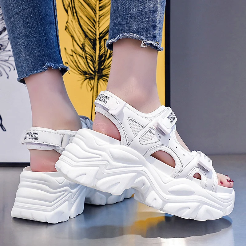 

New Platform Sandals Women High Heel Shoes Women White Leather Canvas Summer Beach Shoes Zapatos Mujer Wedges Sandals Woman 8cm