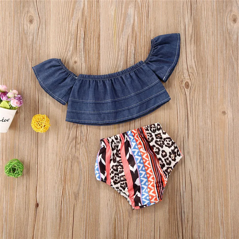 

2020 Summer Toddler Kid Baby Girls Outfit Cotton Clothes Short Sleeve Off-shoulder Ruffles Crop Tops Printed High Waist Shorts