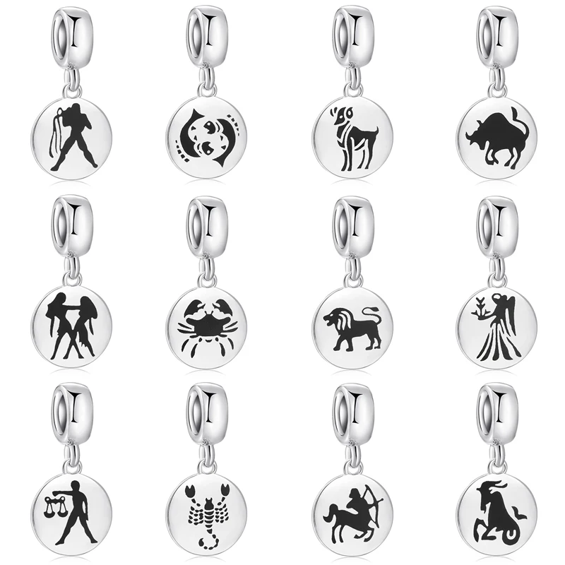 Новый Шарм Подвеска 925 стерлингового серебра 12 созвездий драгоценные бусины