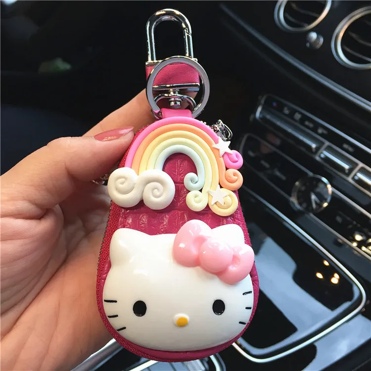 Rose rainbow KT Меховой брелок Hello Kitty прекрасный волос лампочка автомобиль натуральная кожа кулон кошка ключ крышка Держатель Брелок с помпоном пушистый кролик - Цвет: Rose rainbow KT