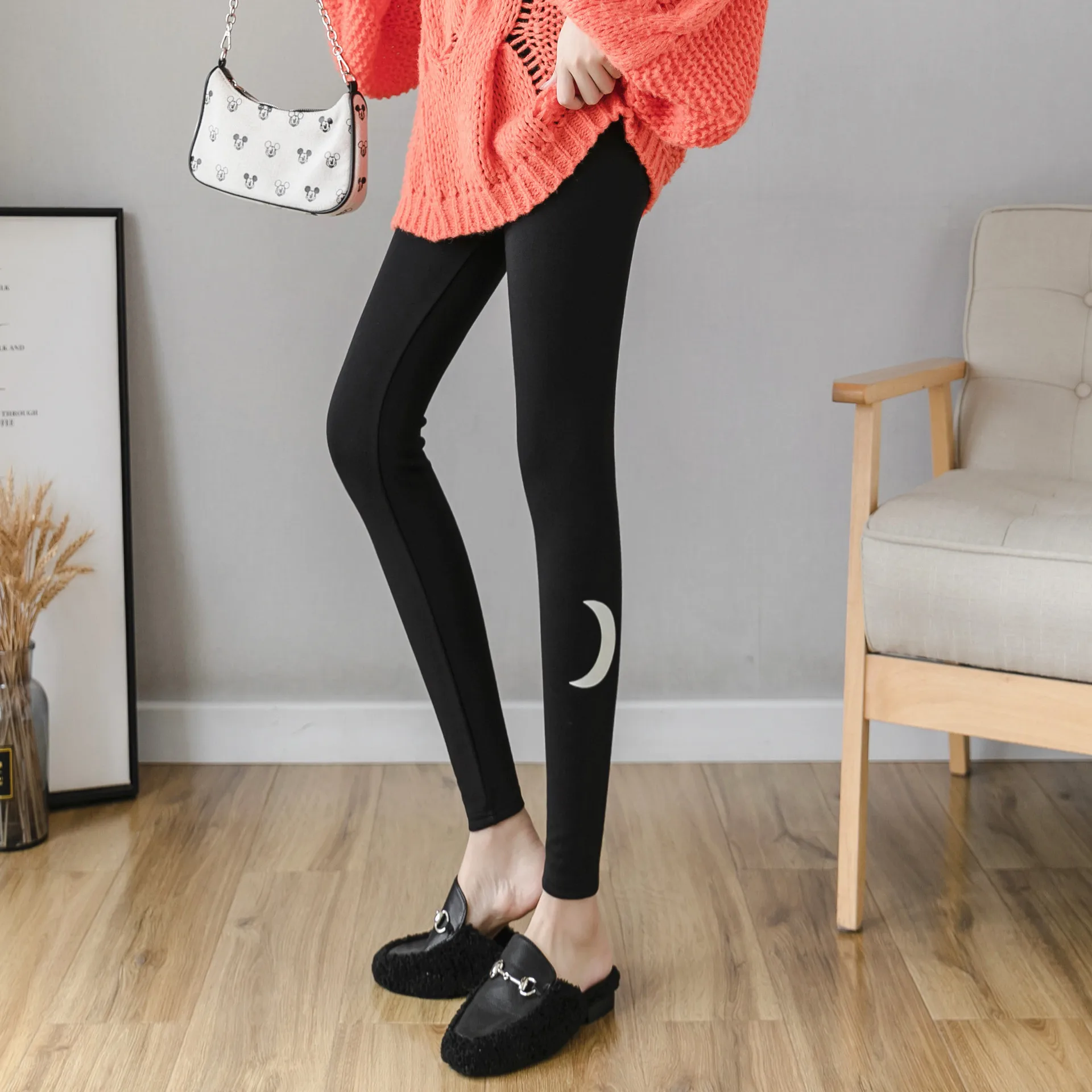 

New Women Autumn Winter Fashion Warm Velvet Leggings Women's Luminous Moon High Waist Slim Street Ankle-Length Pants Leggings