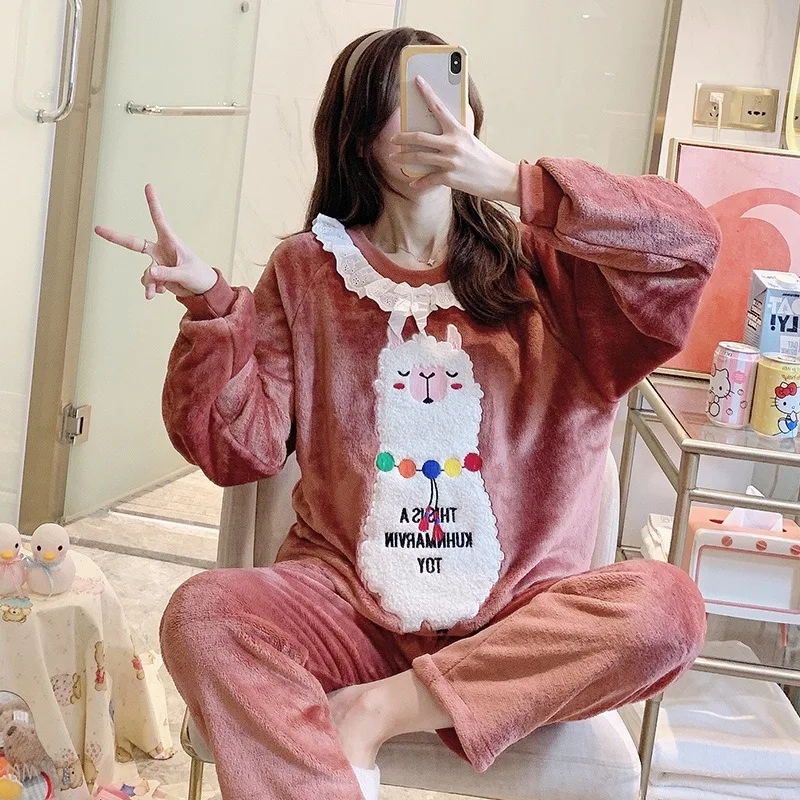 

New Warm Winter Pajamas Women Flannel Korean Cute Cartoon Suit Warm Can Wear Two Pieces of Household Clothes Long Sleeve Pants