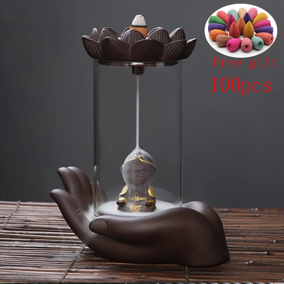 

Monkey King Handicraft Windproof Backflow Lotus Incense Burner Led Ball Home office Tea House Decorate Ceramic Incense Fountain
