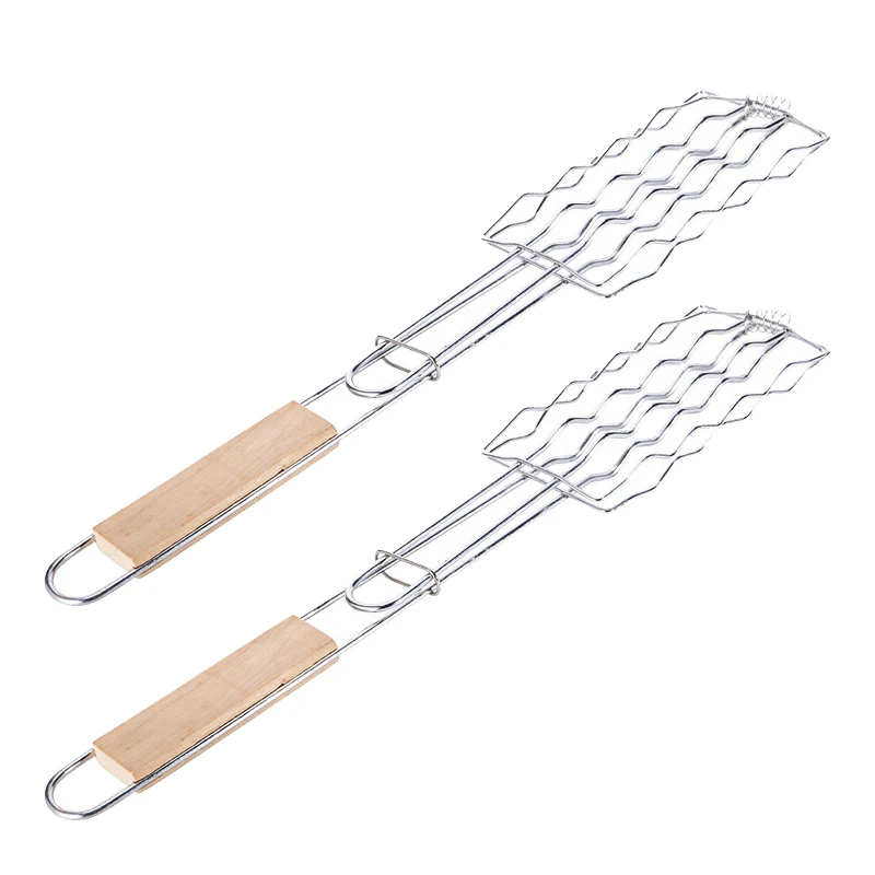 

2 Pack Wooden Handle Anti Scald Fish Camping Grilling Basket Picnic Barbecue Accessories Sausage Cookware Non Stick BBQ