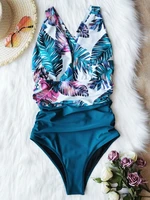 plunge neck swimsuit tropical print patwork bathing suit women cross swimsuit backless plus size swimwear monokini