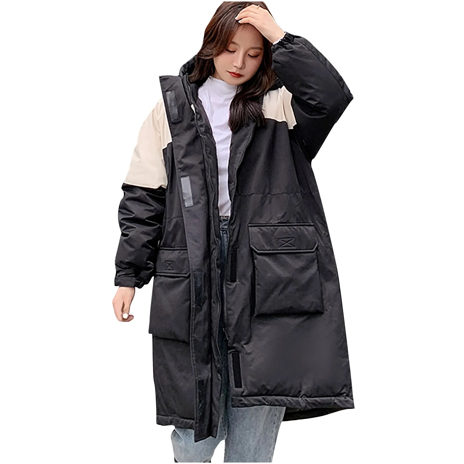 

SAGACE Women's Top Winter Leisure Loose Mid-Length Color Matching Tooling Pie Overcoming Hooded Zipper Pockets Cotton Thick Coat