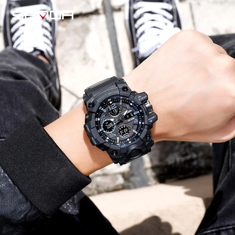 

SANDA Men's Sport Watches Multifunction Shock Digital Quartz Dual Display Military Watches Waterproof Male Clock reloj hombre
