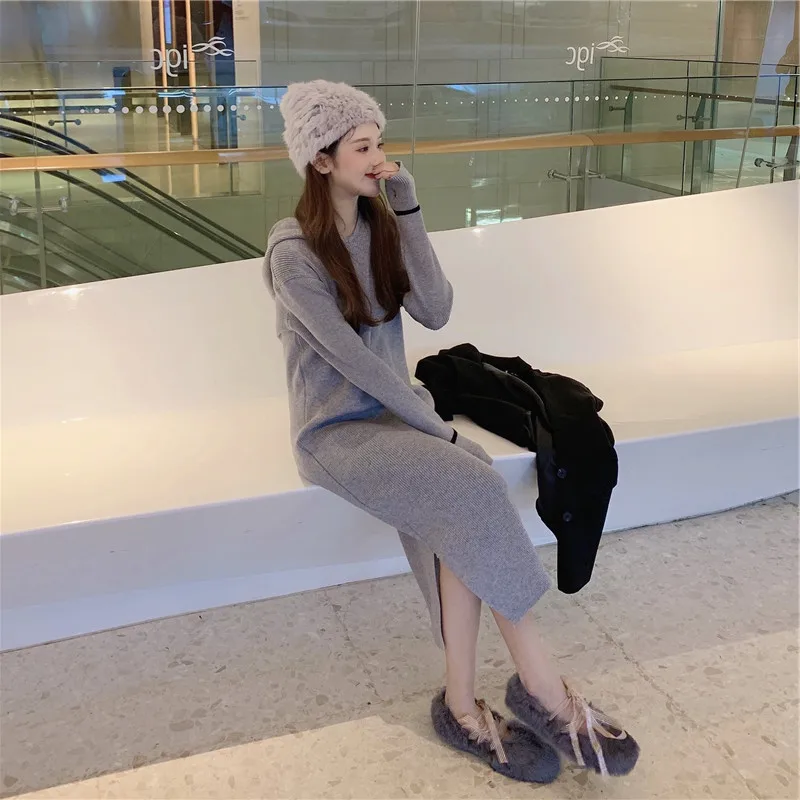 

Fall/winter sweater base with mid-length and over-knee net red hooded dress women