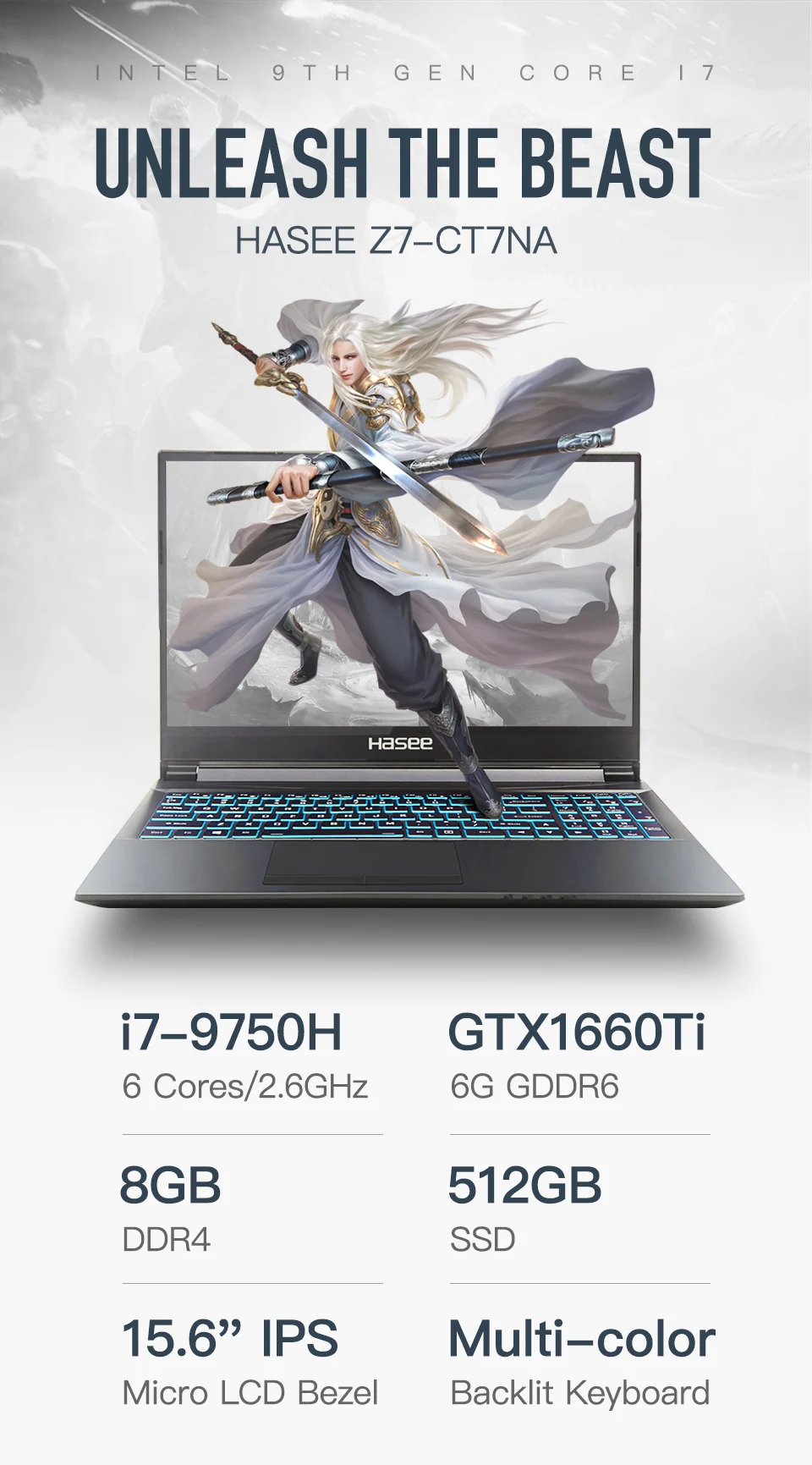 Ноутбук hasee Z7-CT7NA для игр(Intel 9Gen I7-9750H+ GTX1660Ti 6GGDDR6/8G ram/512G SSD/DOS/15,6 ''IPS