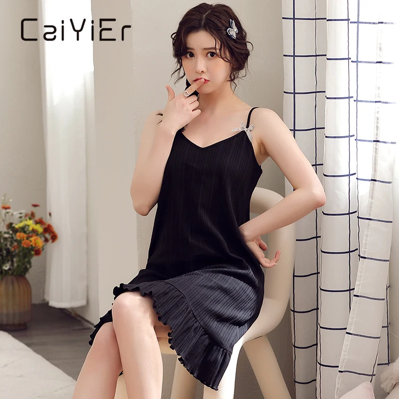 AIYIER Women Nightgowns Summer Solid Color Sexy Sleepwear Sleeveless Sling Night Wear Female Dress Girls Cotton Nightdress M-3XL