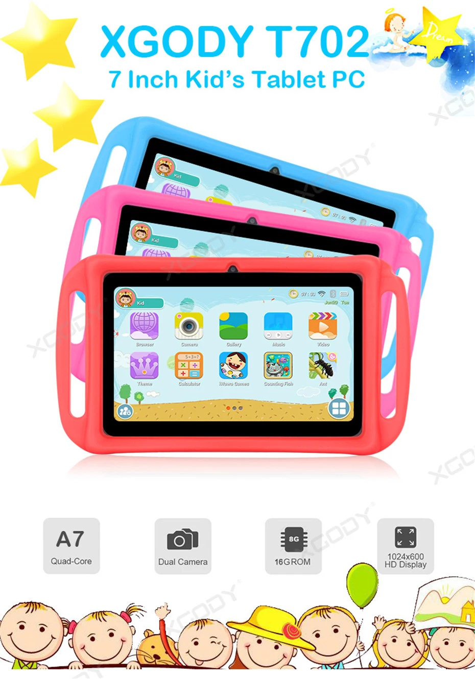 XGODY T702 7 дюймов Детские планшеты ПК Android 8,1 4 ядра 1 Гб оперативной памяти, 16 Гб встроенной памяти, HD двойной Камера Wi-Fi Портативный Планшеты для детей силиконовый чехол