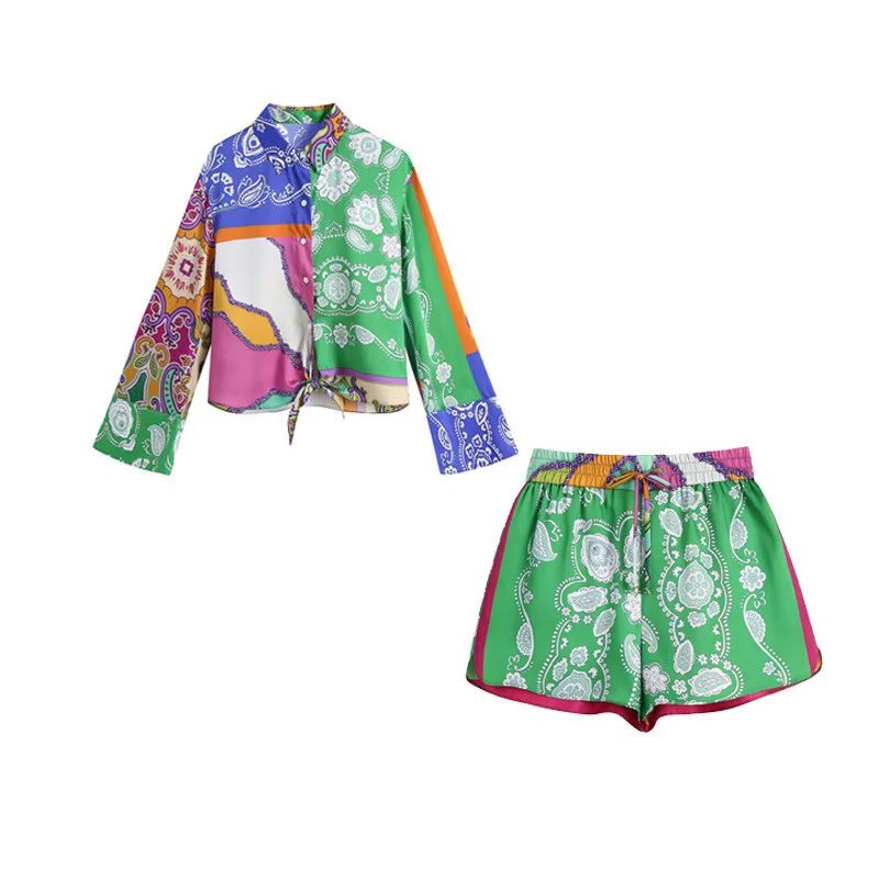 

ZA women's new bow decorated patchwork shirt printed shorts 03201221330