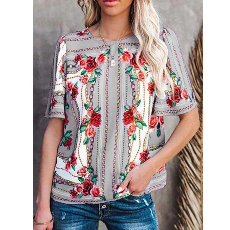

2021 spring and summer new women's round neck short-sleeved T-shirt printed top women