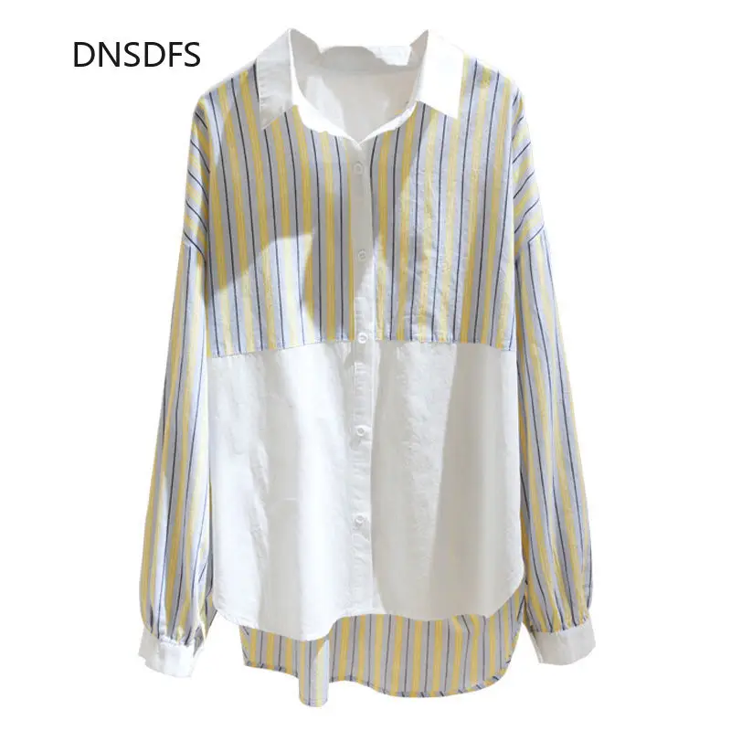 

Полосатая блузка в стиле пэчворк, рубашка из 100% чистого хлопка, офисные повседневные женские рубашки на пуговицах, весенние корейские модны...